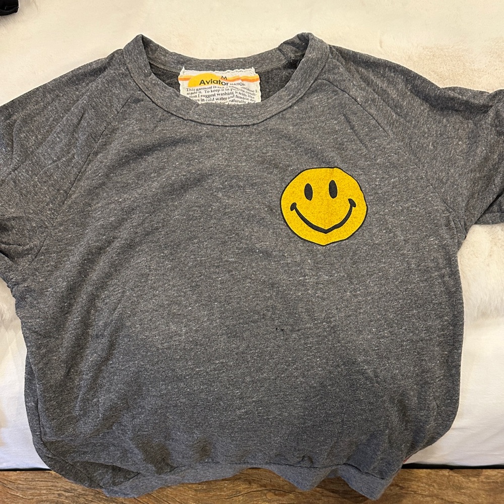 Aviator Nation grey crewneck sweater with Yellow Smiley